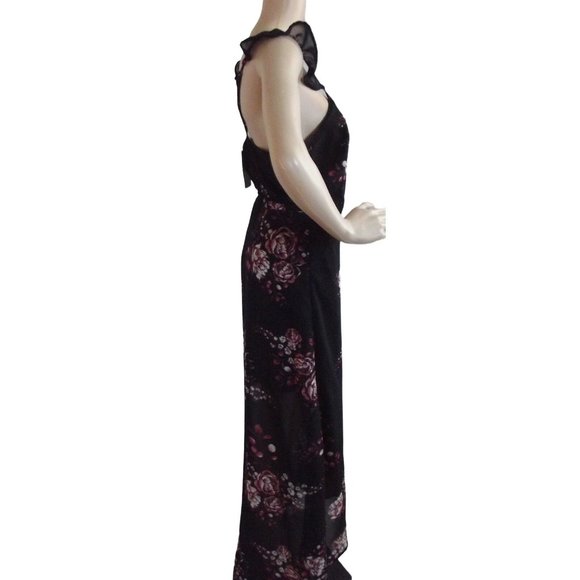 Marisol Maxi Dress Large Black Coral Red Floral Chiffon Wrap spaghetti straps NE - Picture 5 of 7